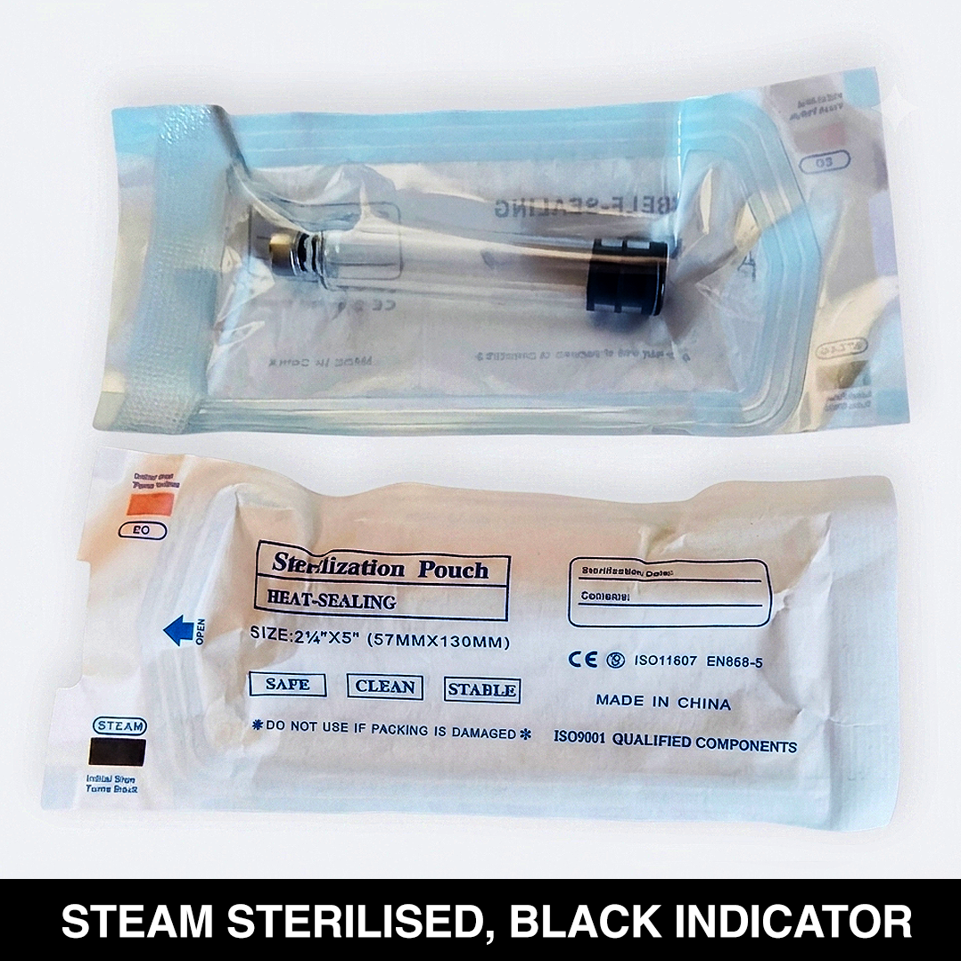 Empty 3mL cartridge in a steam sterilised sealed pouch, black indicator, V3 Pens UK accessory