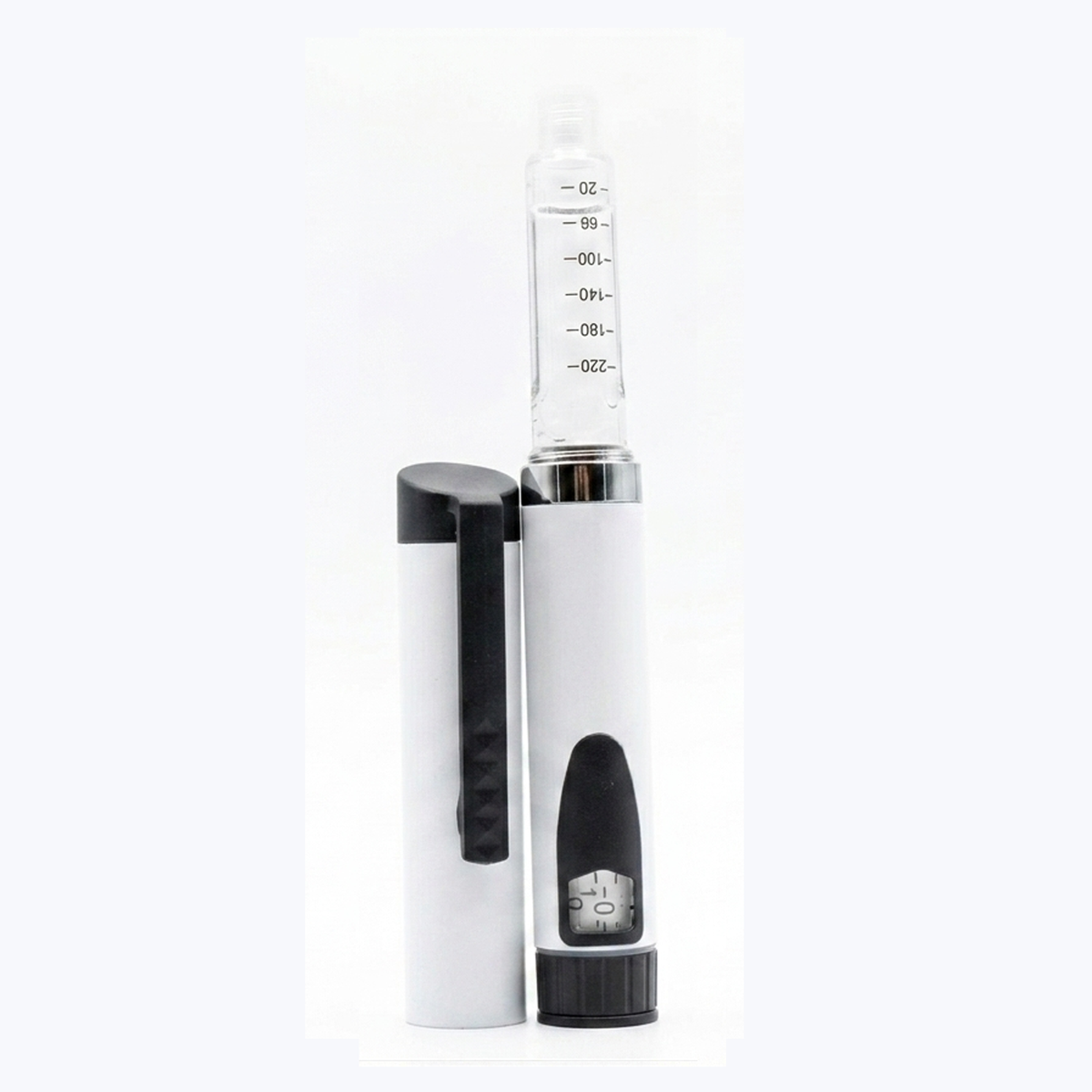 V3 reusable pen in red with cartridge attached, cap removed white