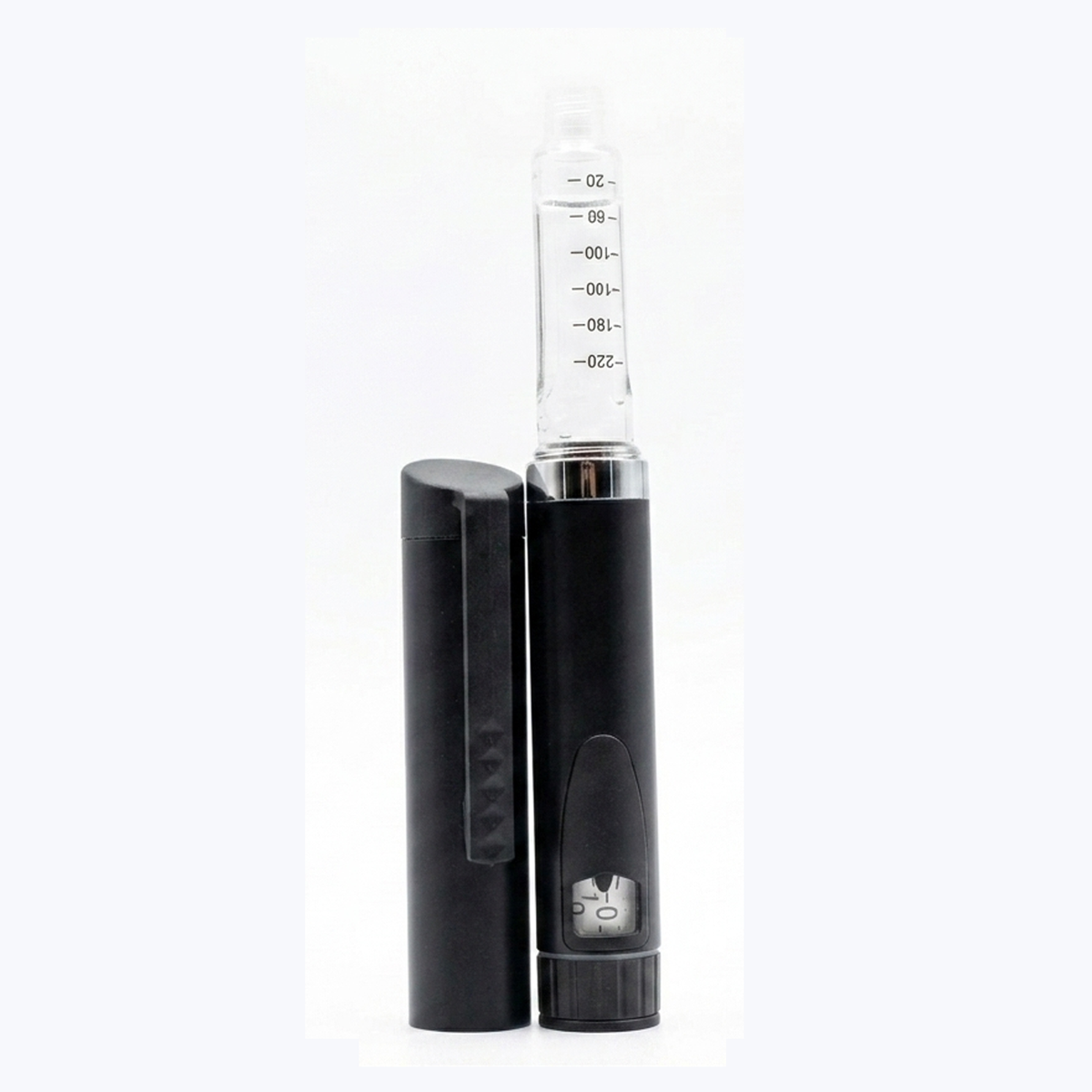 V3 reusable pen in red with cartridge attached, cap removed black