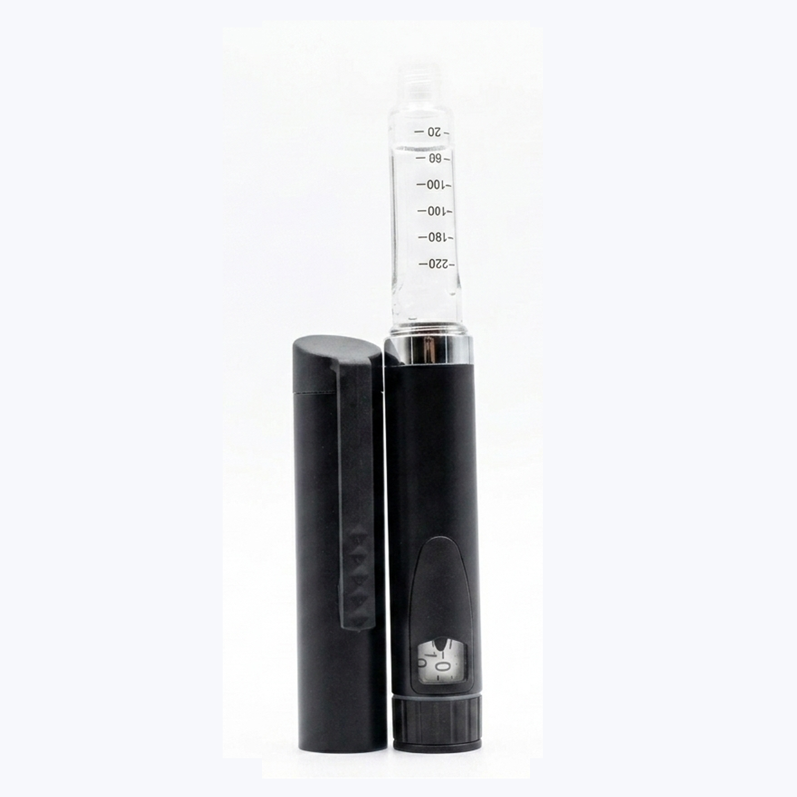 V3 reusable pen in red with cartridge attached, cap removed black