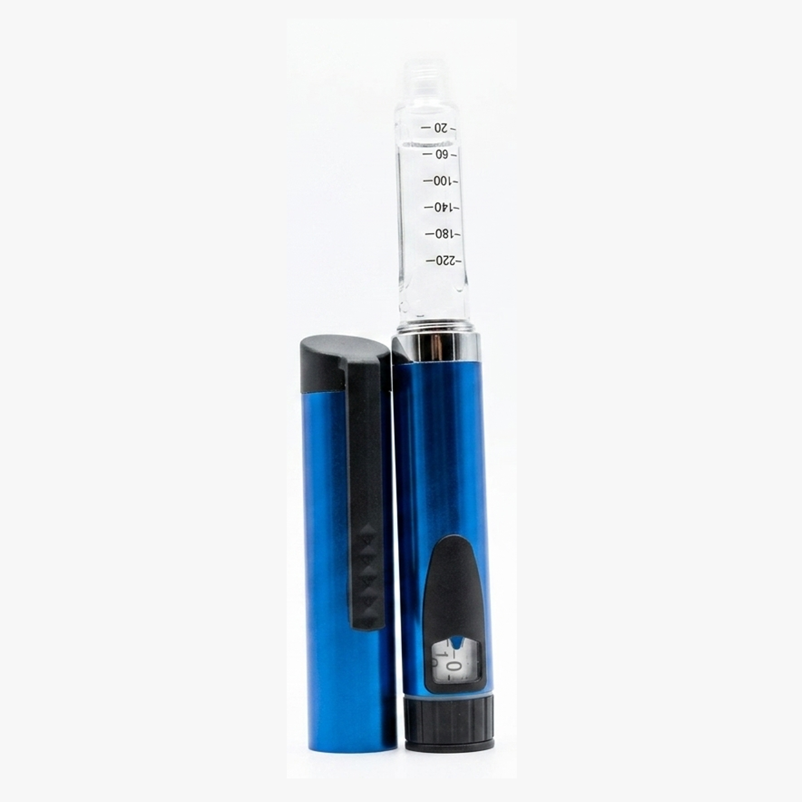 V3 reusable pen in red with cartridge attached, cap removed blue
