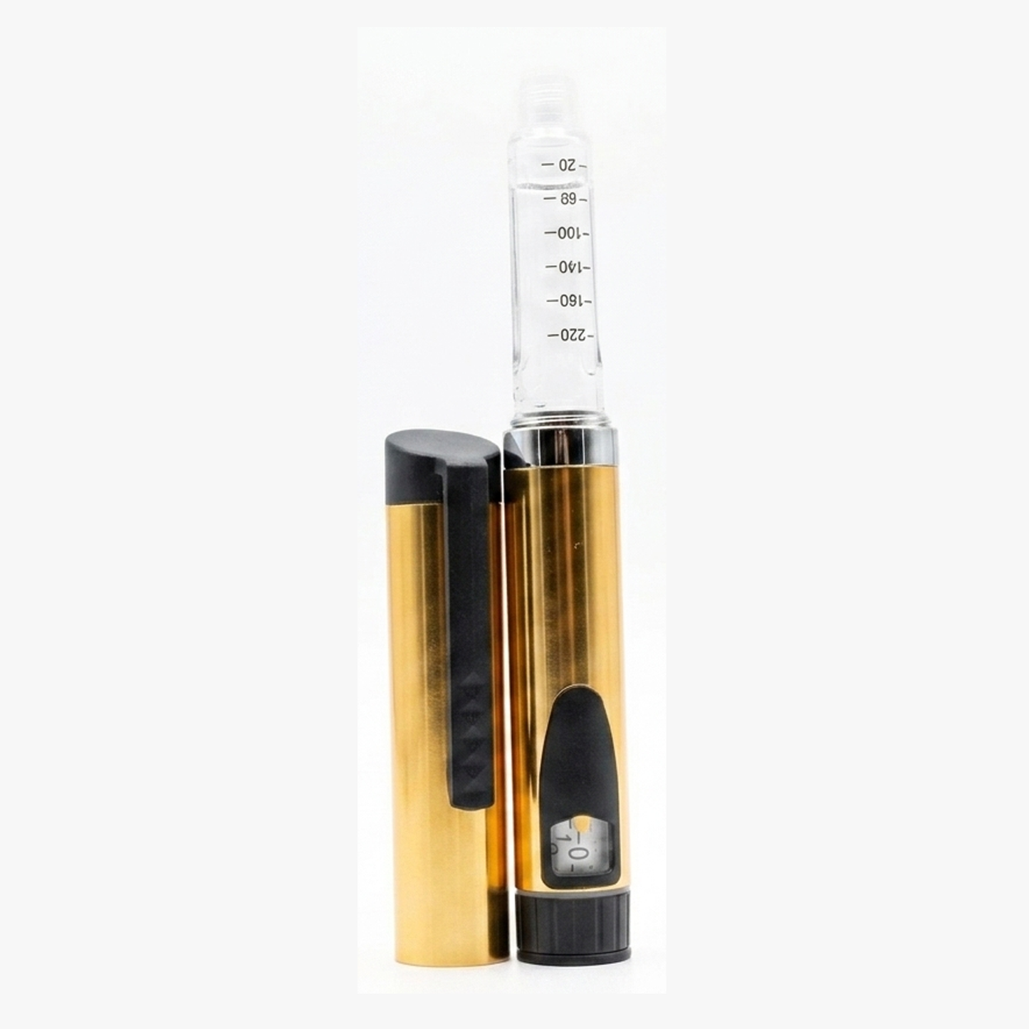 V3 reusable pen in red with cartridge attached, cap removed champagne