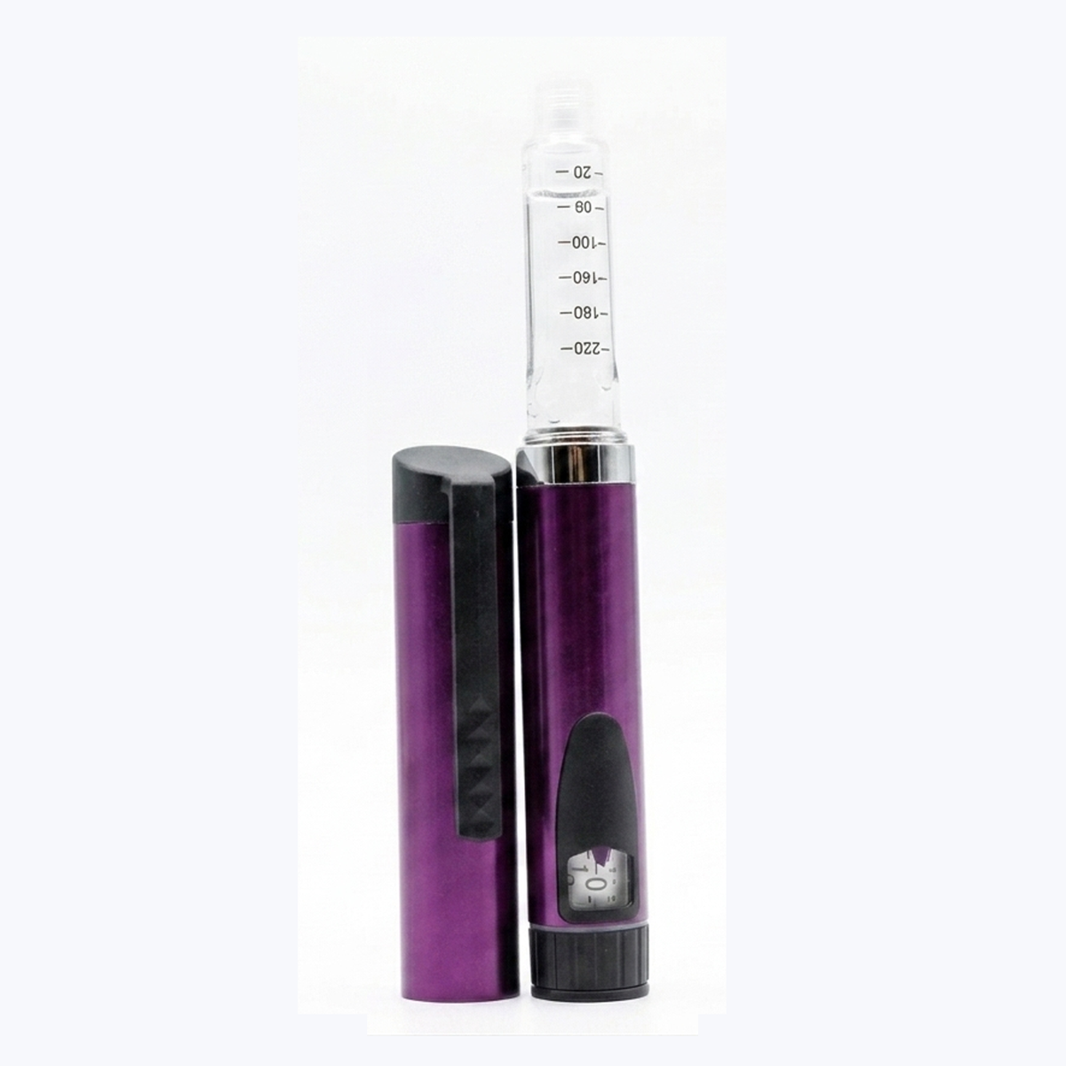 V3 reusable pen in red with cartridge attached, cap removed purple