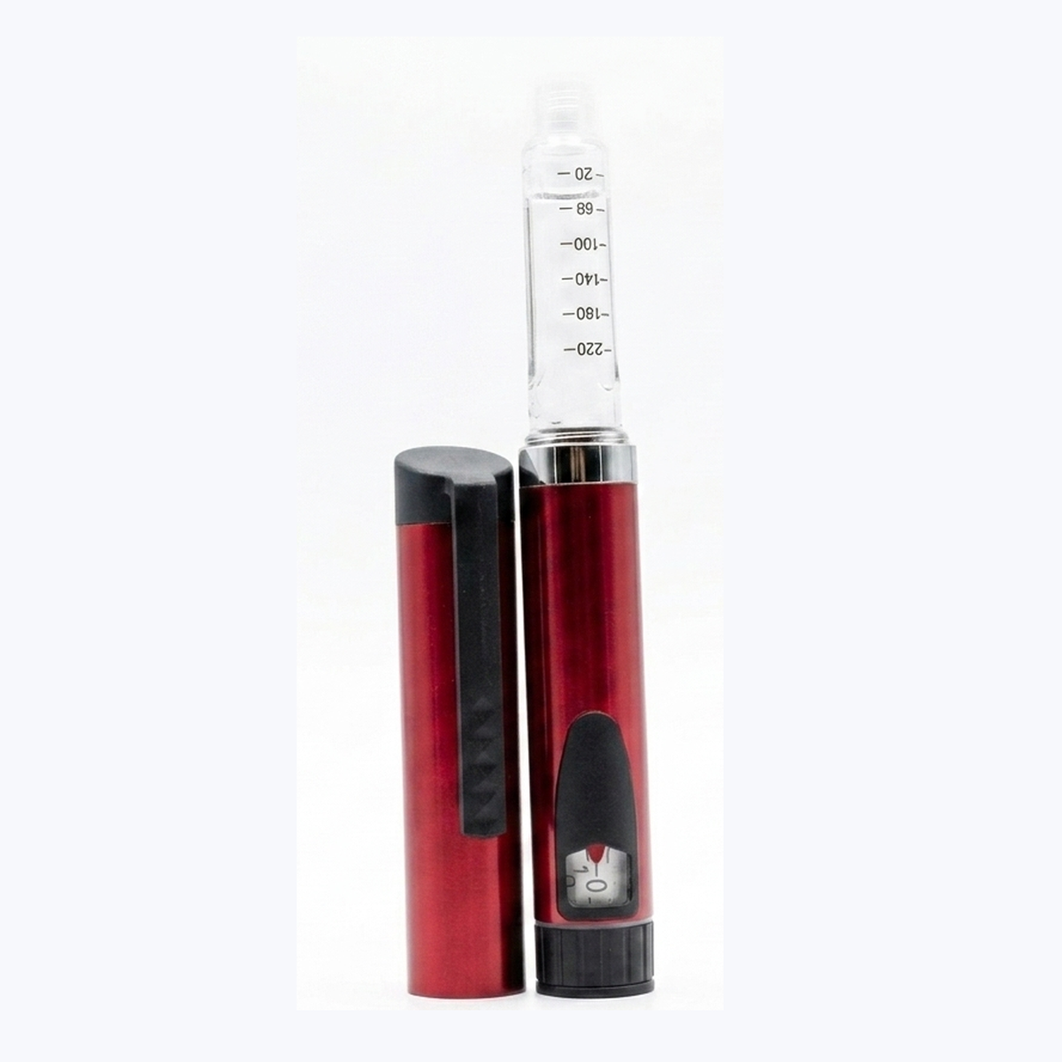 V3 reusable pen in red with cartridge attached, cap removed red