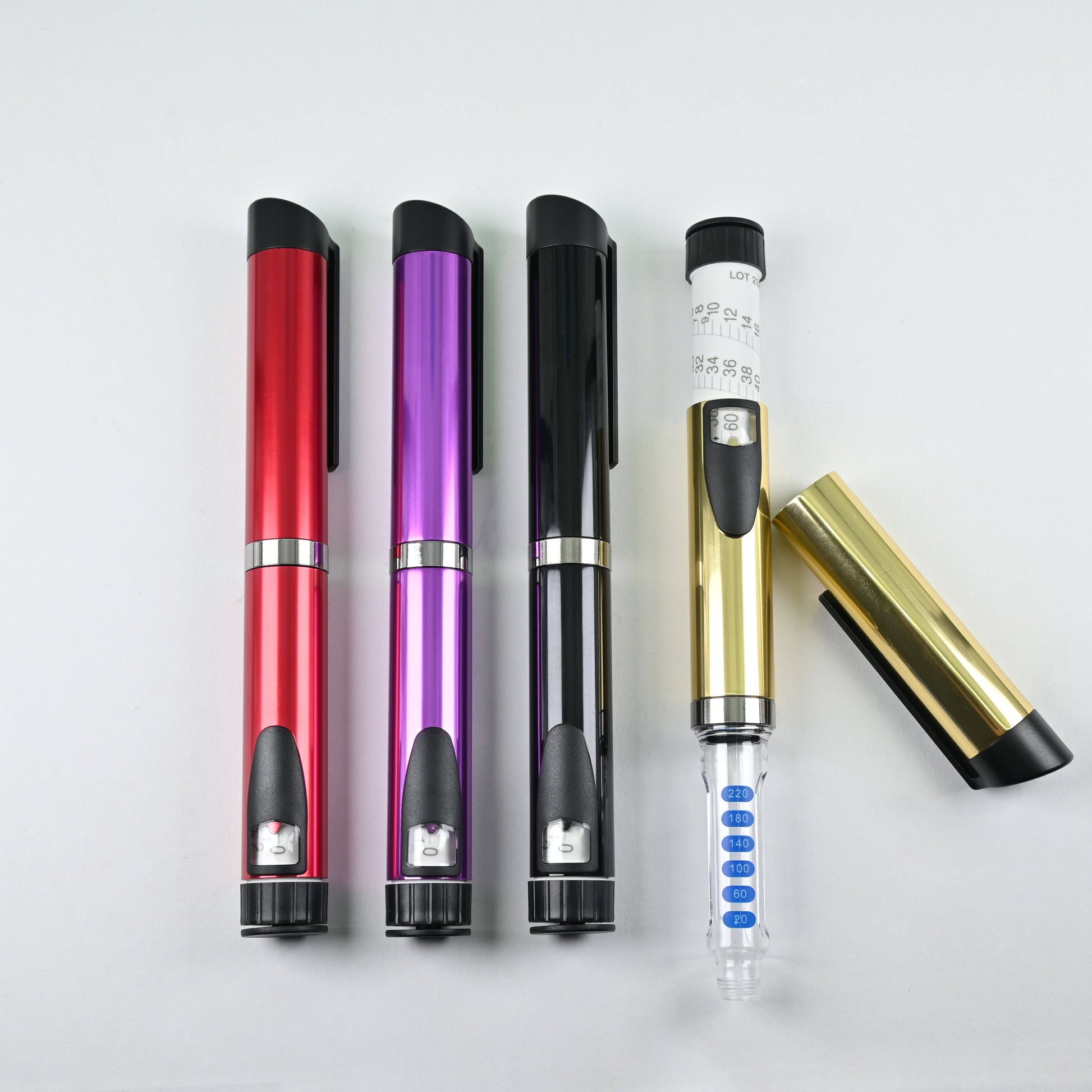 V3 reusable peptide pen bodies in gold, red, black and purple — latest model empty refillable beauty pen device, UK stock, four colour set